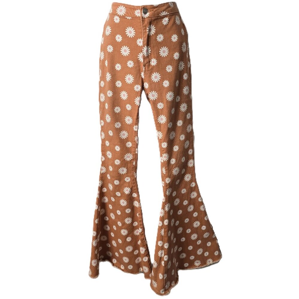 Daisy Flare Bell Bottom Jeans XS Stretch Denim Rust Floral Hippie Atar'd State